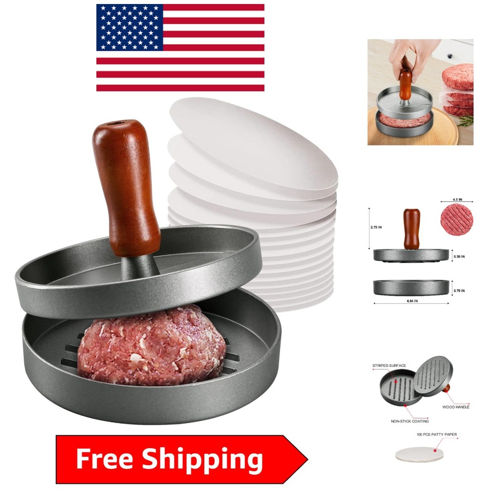 Wood-Handled Burger Press with 100 Patty Papers - Ideal for Grilling Perfection