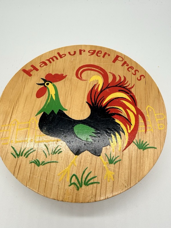Vintage Wooden Hamburger Press Hinged Kitchen King MCM Rooster gallery