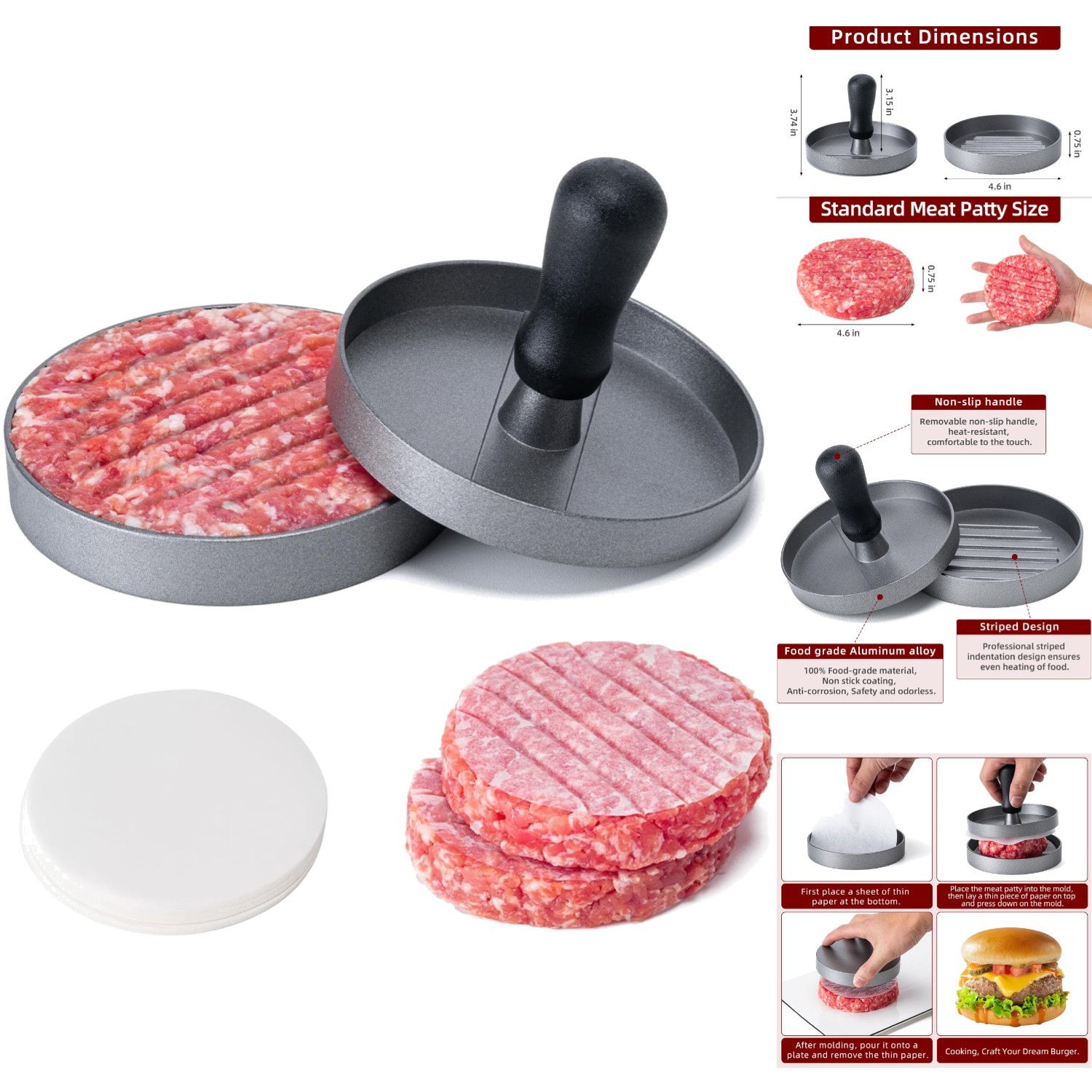 Non-Stick 4.6" Burger Press Patty Maker - Aluminum Hamburger Smasher 100 Papers gallery