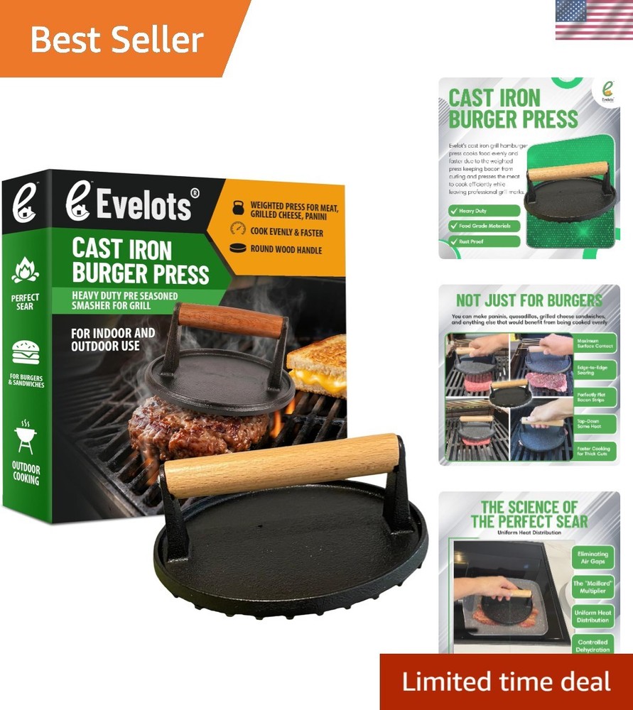 Durable Cast Iron Burger Press with Wood Handle - Essential for the Grill Master