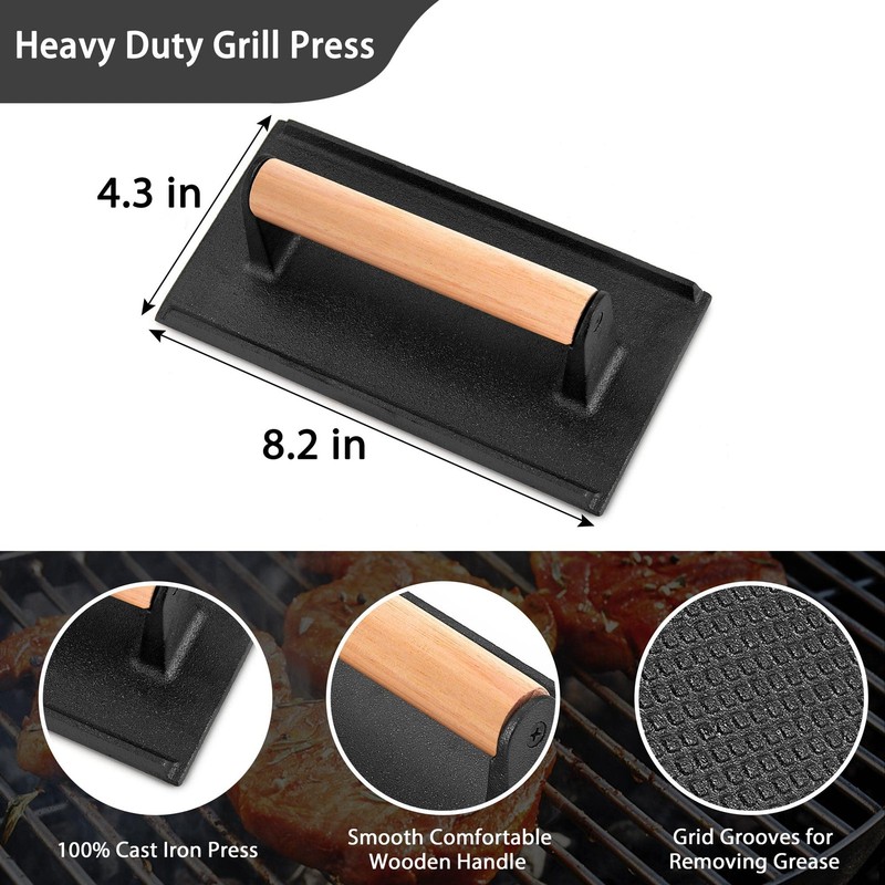 3Pcs Cast Iron Grill Press Heavy Duty Bacon with Wood Handle Pre-Seasoned Burger gallery