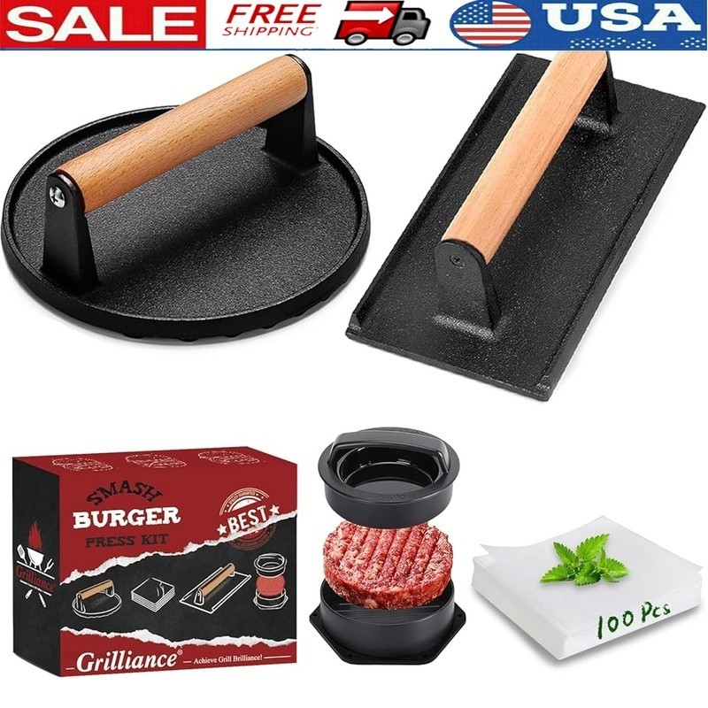 Essential 5pcs Burger Smasher Press Set Cast Iron Patty Maker Griddle Tool New gallery