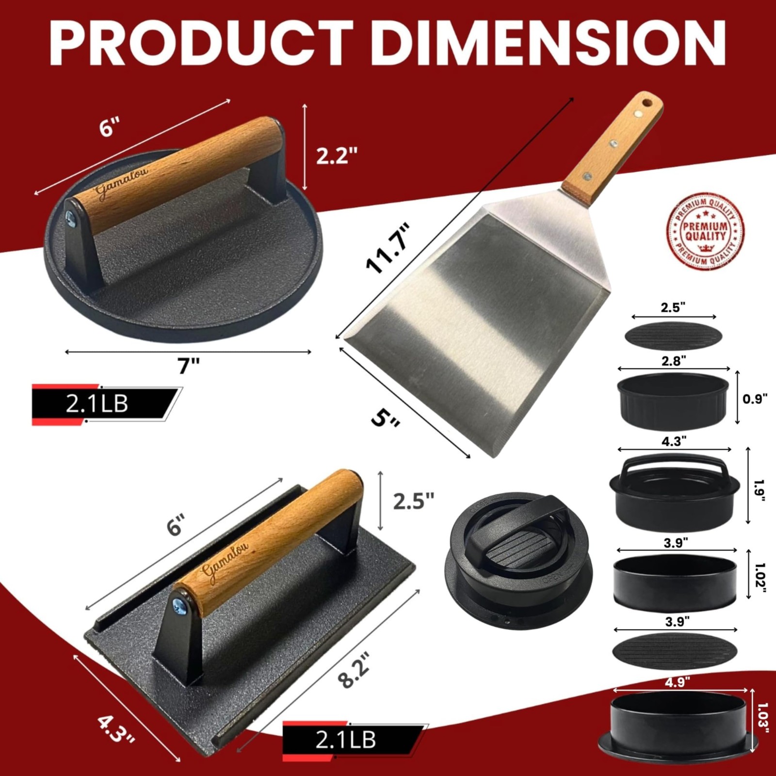 Gamalou® Smashed Burger Press BBQ Kit: 7" Black Round + Rectangle gallery