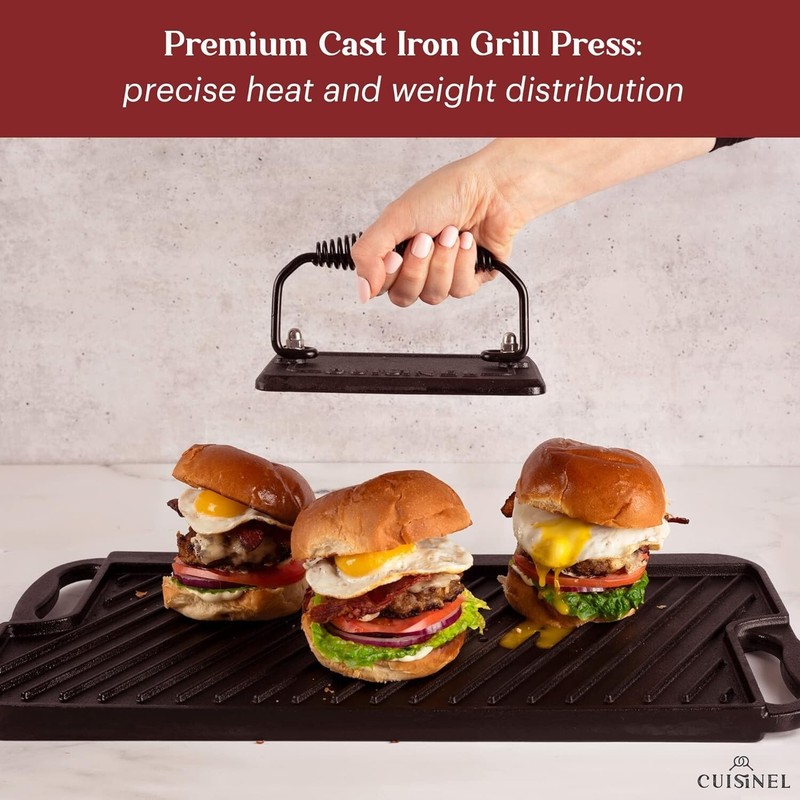 Grill Press Cast Iron Burger Press For Bacon Steak & Hamburgers 6.75" x 4.5" Set gallery