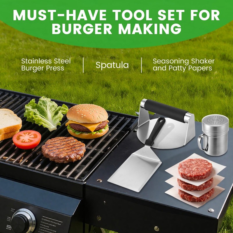 Smashed Burger Press Kit with Stainless Steel Press, Grill Spatula, Seasoning... gallery