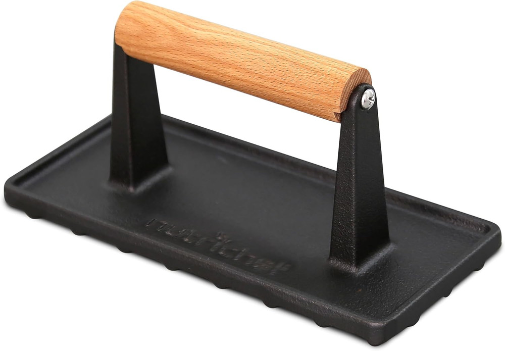 Cast Iron Grill Press, Heavy-Duty Smash Burger Press with Beech Wood Handle, Red