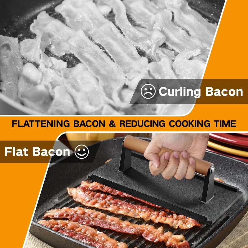 Cast Iron Grill Press Heavy Duty Bacon Burger Griddle Wood Handle 1 PCS gallery