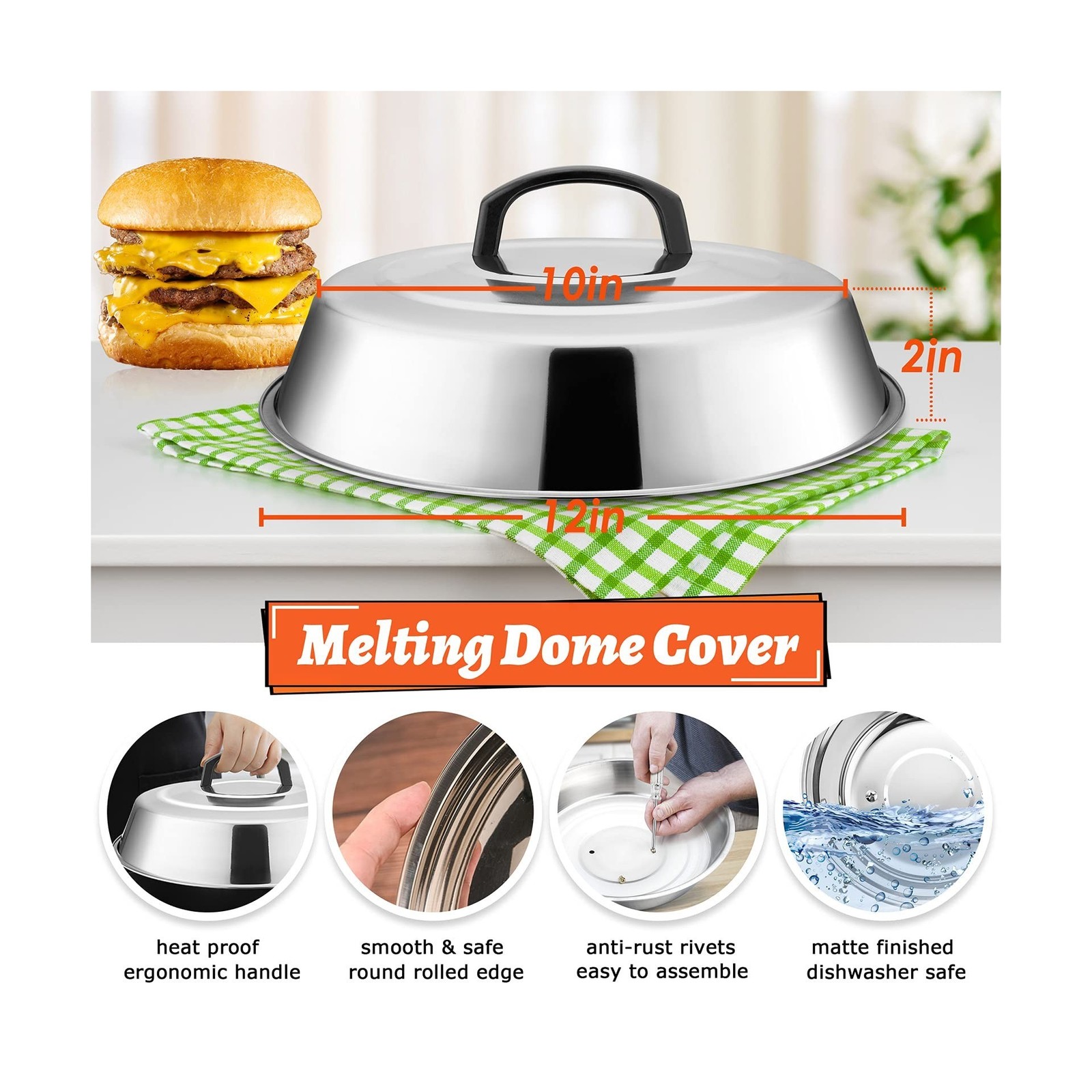 12In Cheese Melting Dome & 7In Cast Iron Grill Press, HaSteeL S... FAST USA SHIP gallery