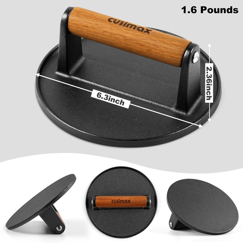 6.3"Cast Iron Smashed Burger Press Heavy-Duty Smasher with Wood Grip Round Flat gallery
