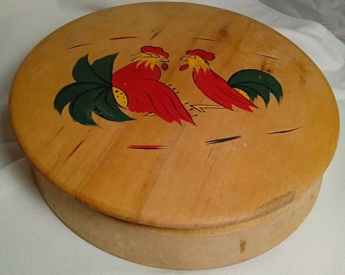 Wooden Hinged Round Hamburger / Patty Press Painted Roosters Vintage Japan gallery