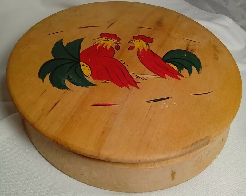 Wooden Hinged Round Hamburger / Patty Press Painted Roosters Vintage Japan gallery