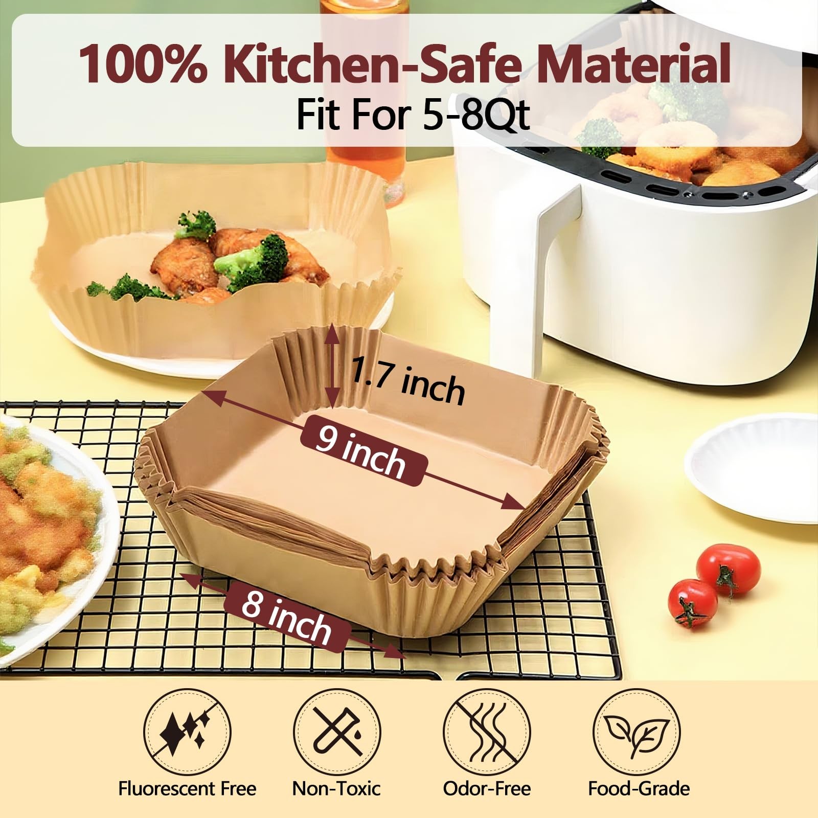 EKACO 9 Inch Air Fryer Liners Disposable-125PCS Square 9 Inch, Copper gallery