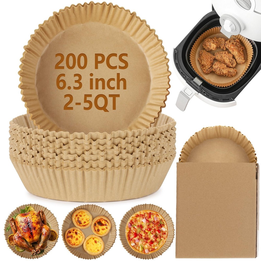 200Pcs Air Fryer Disposable Paper Liner, Round 6.3"round, Wood color