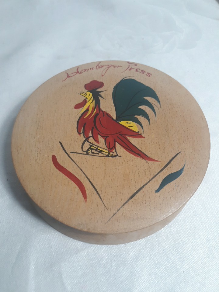 MCM Wooden Hamburger Press Rooster Japan - Excellent Condition.