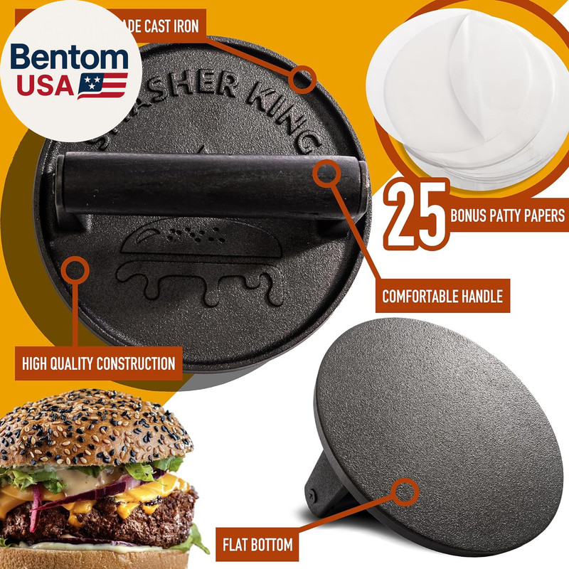 ™ - Premium Cast Iron Smash Burger Press Incl. 25 Pcs of Patty Paper, Burger Sma gallery