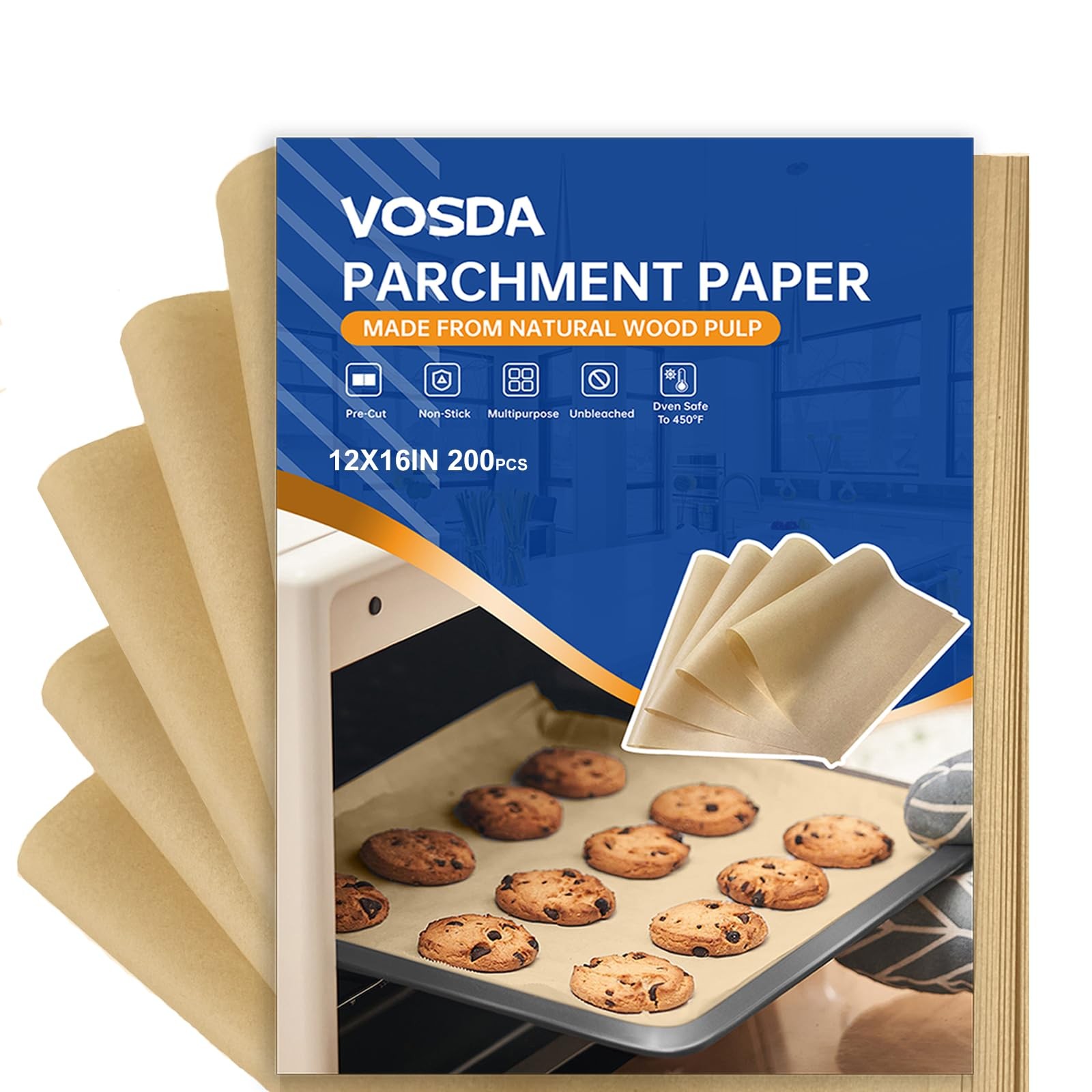 Vosda Parchment Paper Sheets for Baking 12-16 IN Precut 12x16-200pcs, Brown gallery