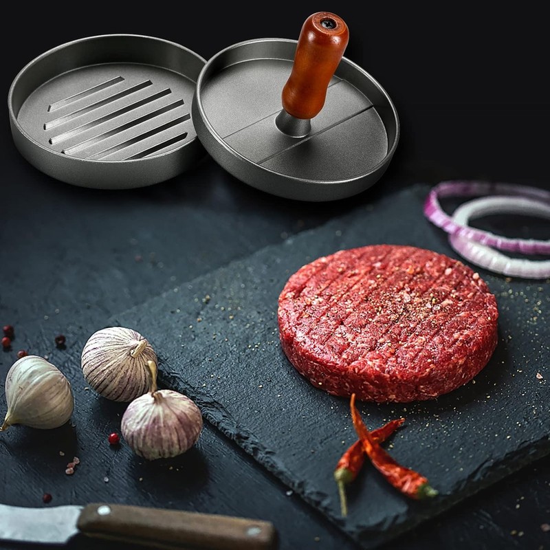Burger Press Patty Maker Stainless Steel Hamburger Patty Press Mold Wood Hand... gallery