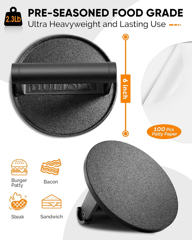 Pre-Seasoned Cast Iron Burger Press Includes 100 Pcs Patty Paper, 2.3Lb Heavy Du gallery