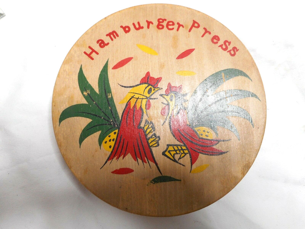 TRANSCO Round Wooden Hamburger Press Roosters Fighting Hinged MCM Japan