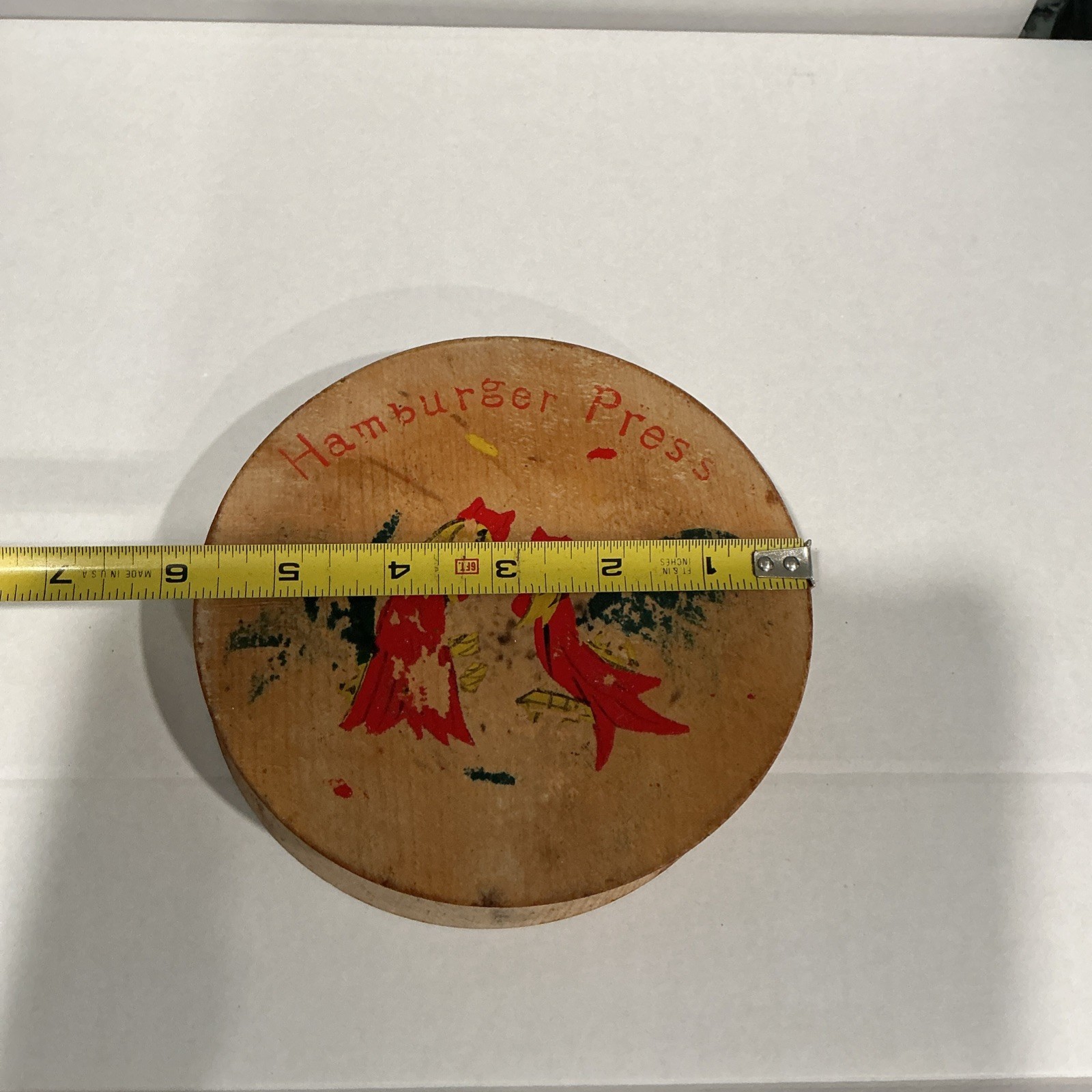 Vintage Wood Hamburger Press Folk Art Hand Painted Red Roosters 6” Hinged Japan gallery