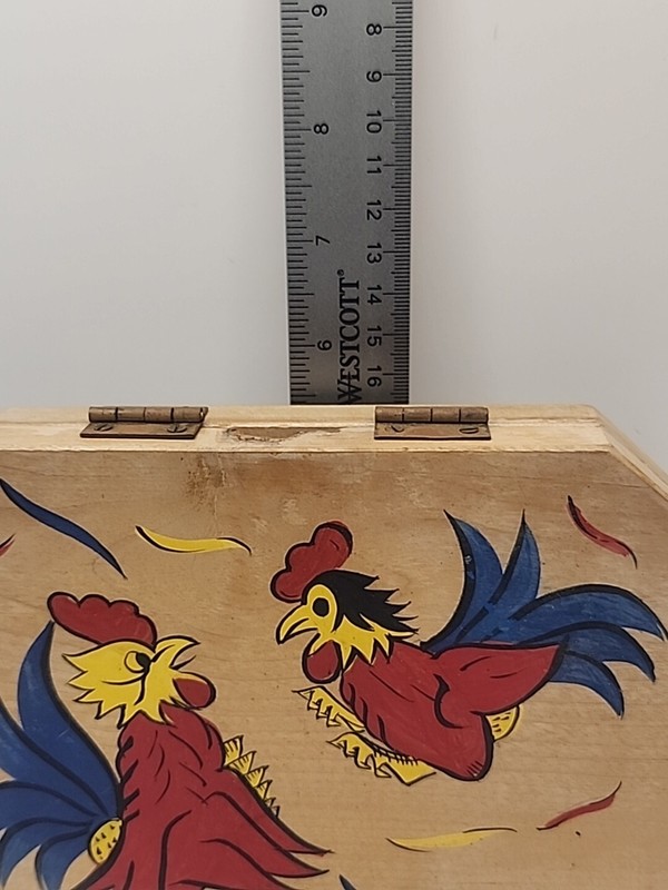 Vintage Wooden Wood Hamburger Press Hand Painted Folk Art Chickens Rooster gallery