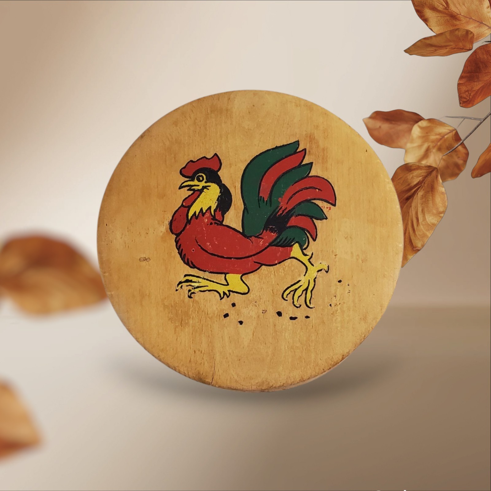 Vintage Wooden Burger Press with Rooster Design Hand Painted Lid Mid Century gallery