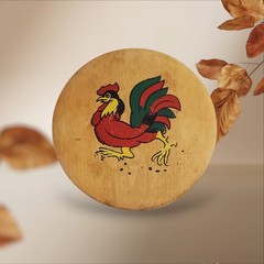 Vintage Wooden Burger Press with Rooster Design Hand Painted Lid Mid Century