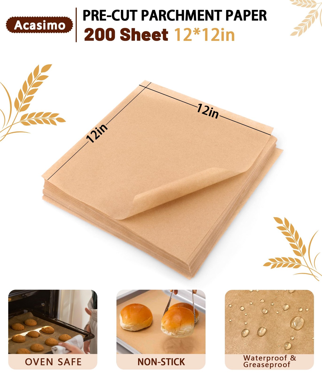 Parchment Paper Sheets, 200Pcs 12x12 Inch Squares Precut in, Brown gallery