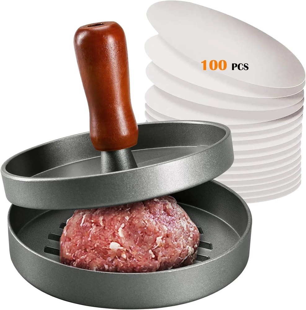 Stainless Steel Burger Press Patty Maker with Wooden Handle & 100 Papers