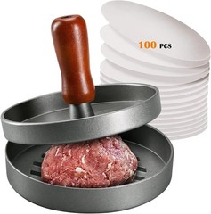 Stainless Steel Burger Press Patty Maker with Wooden Handle & 100 Papers