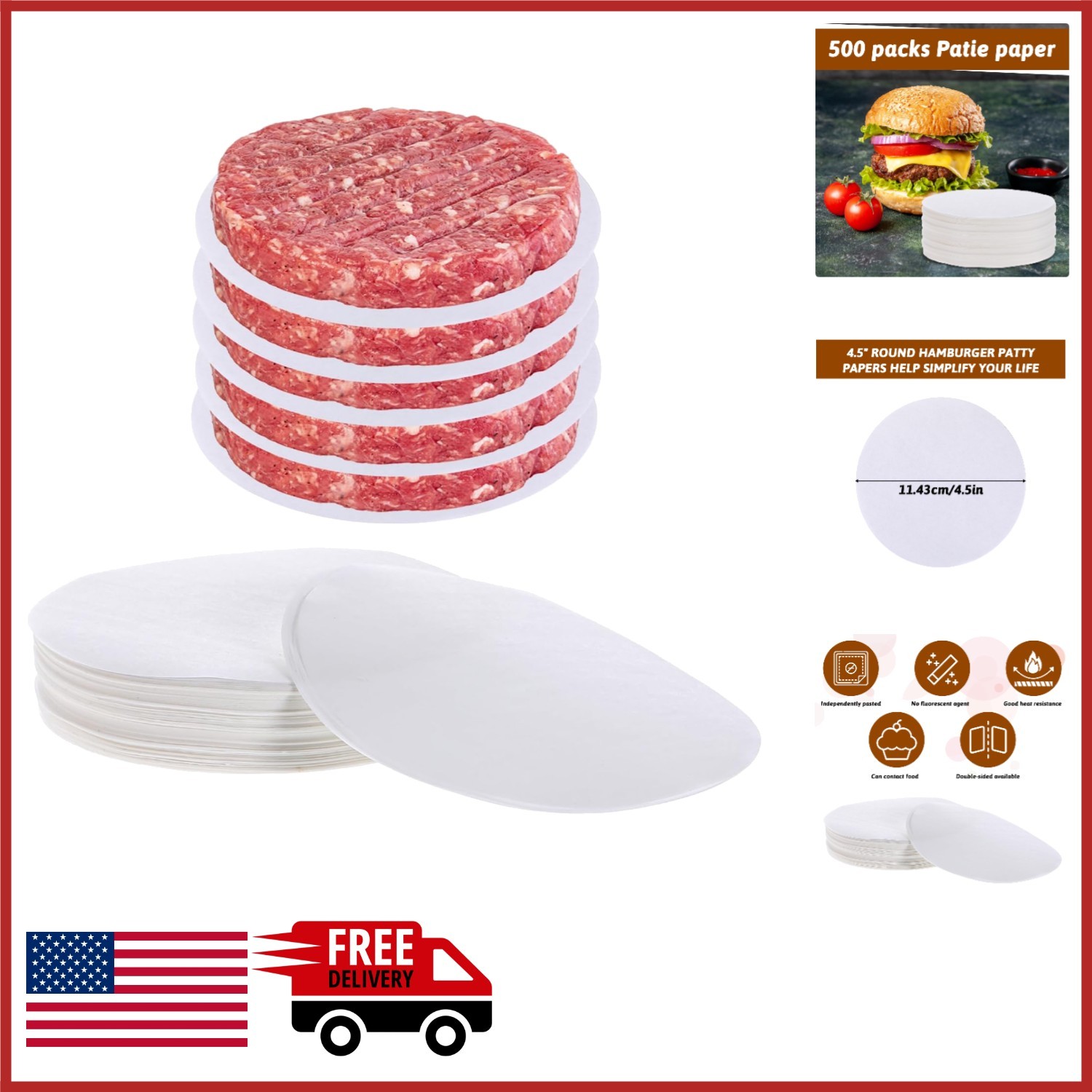 Round Hamburger Patty Papers 4.5 Inch Non-Stick Sheets for Baking and Freezing gallery