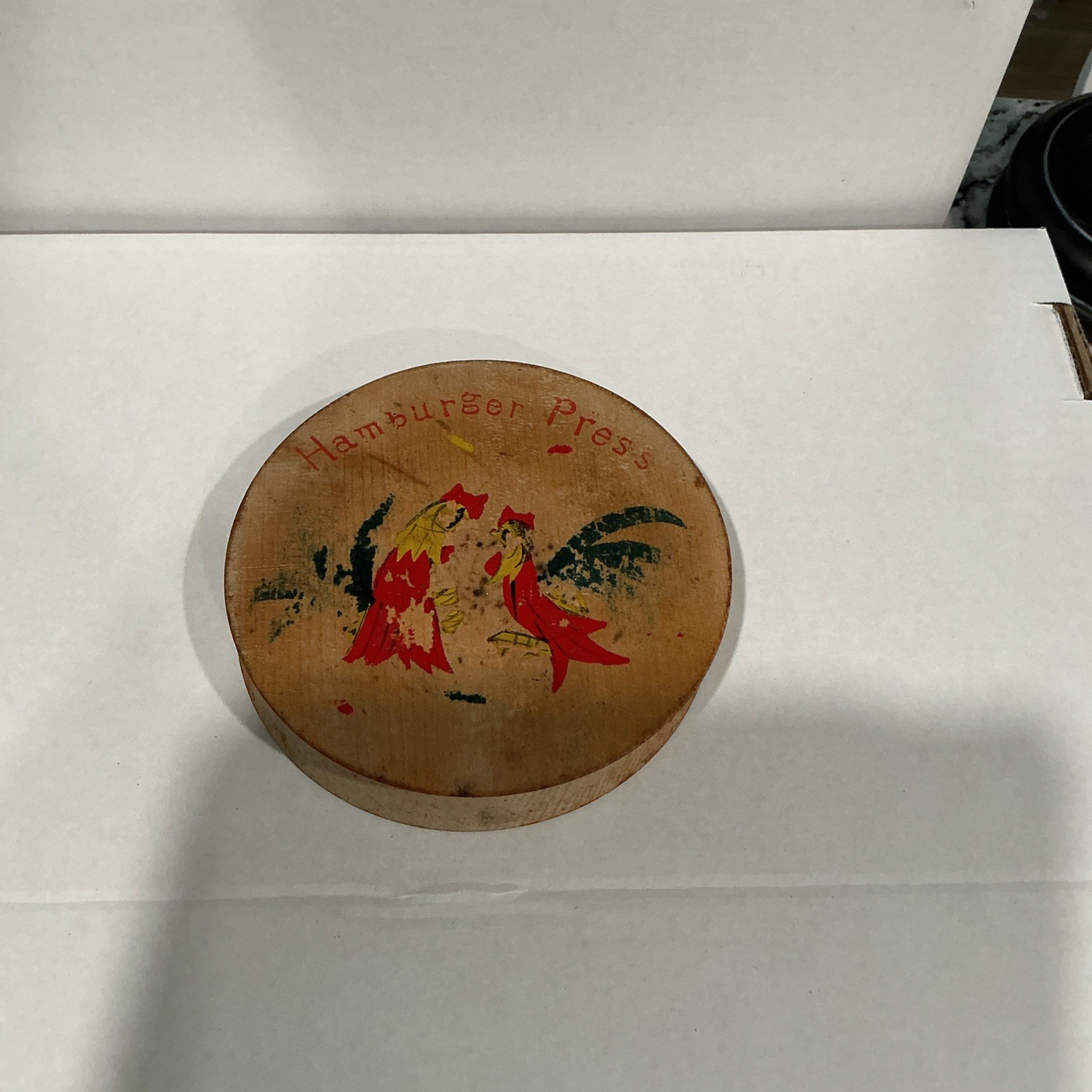 Vintage Wood Hamburger Press Folk Art Hand Painted Red Roosters 6” Hinged Japan gallery