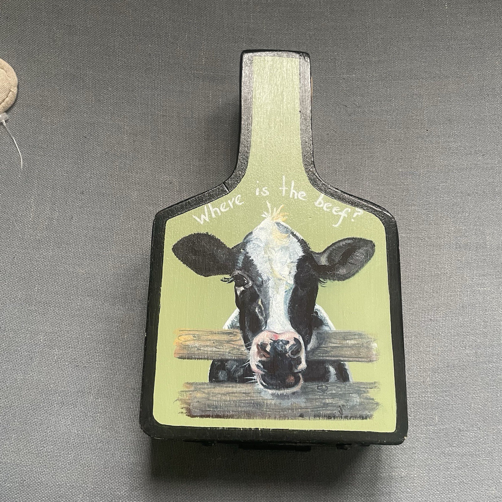 Vintage Wooden Hamburger Patty Press - Cow Painted Kitchen Tool - Farmhouse gallery