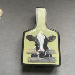 Vintage Wooden Hamburger Patty Press – Cow Painted Kitchen Tool – Farmhouse
