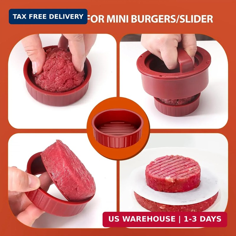 Burger Press Patty Maker 4 in 1 Stuffed Slider Sandwich Cutter 100 Wax Discs Red gallery