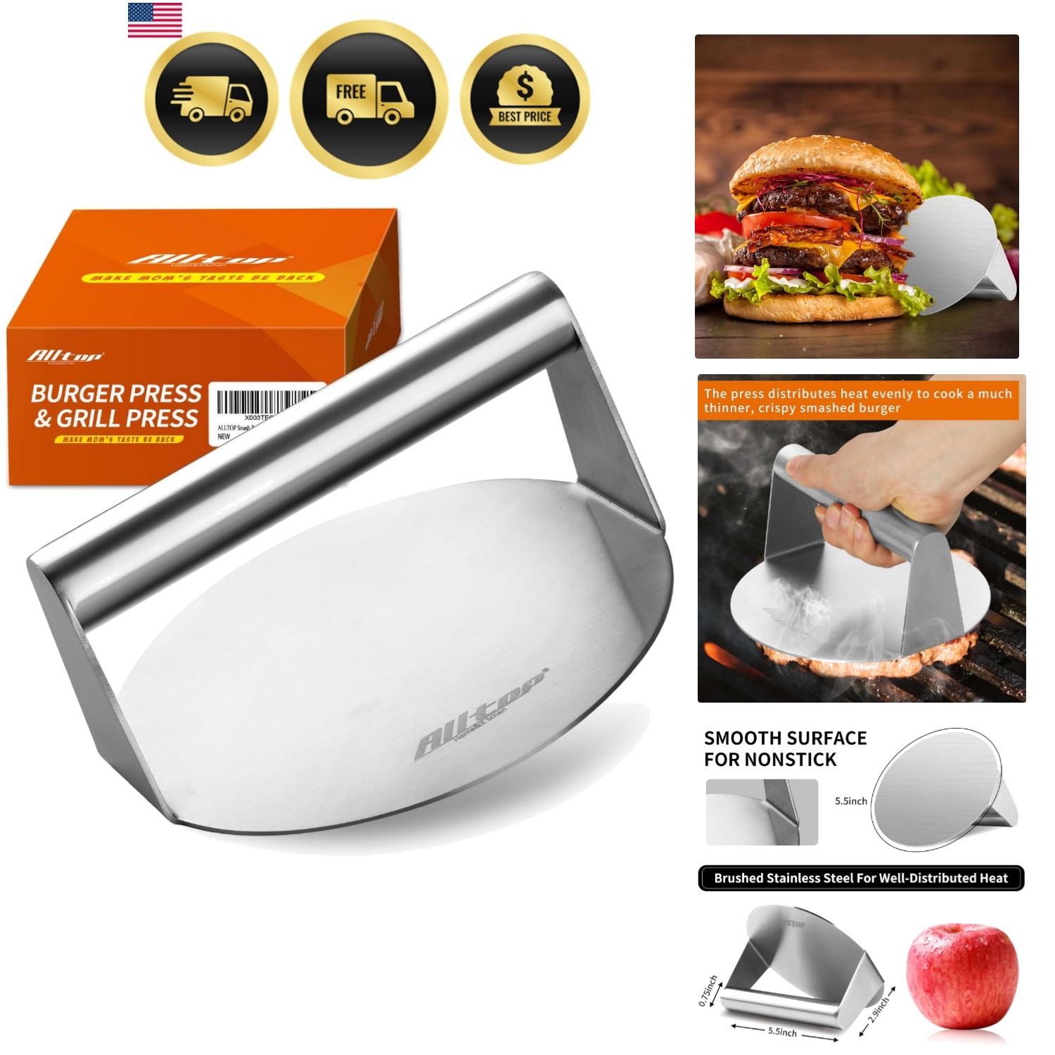 Smash -Grill Essential,Stainless Steel Non-Stick Smasher Ham -Patty Maker for... gallery