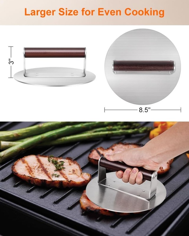 8.5" Stainless Steel Smashed Burger Press, Round Flat Edge Grill Press fo gallery