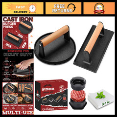 5pcs Burger Press Kit – 3-in-1 Patty Maker, Cast Iron Round & Rectangle, 100 Wax