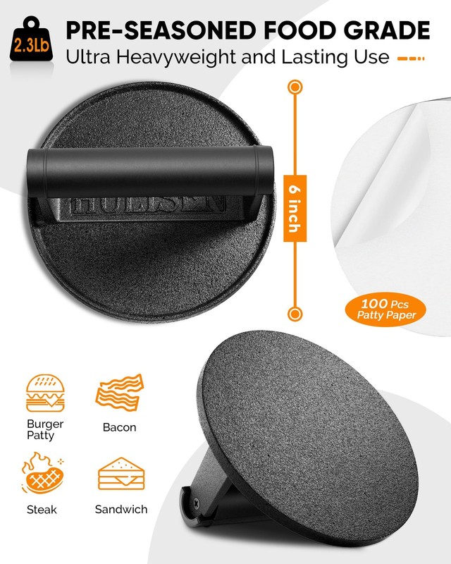 HULISEN PreSeasoned Cast Iron Burger Press Includes 100 Pcs Patty Paper, 2.3l... gallery