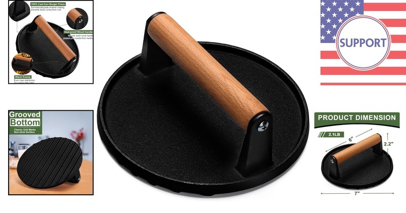 Versatile 7'' Cast Iron Bacon and Burger Press for Indoor & Outdoor Cooking gallery