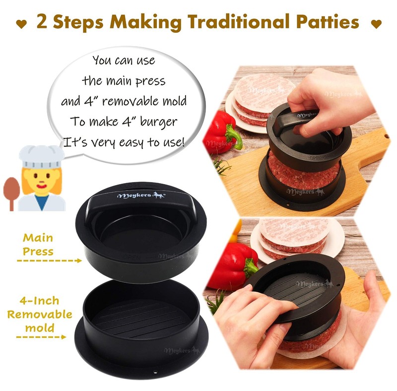 3-in-1 Burger Press Patty Maker with Non-Stick Mold & 100 Wax Papers for Sliders gallery