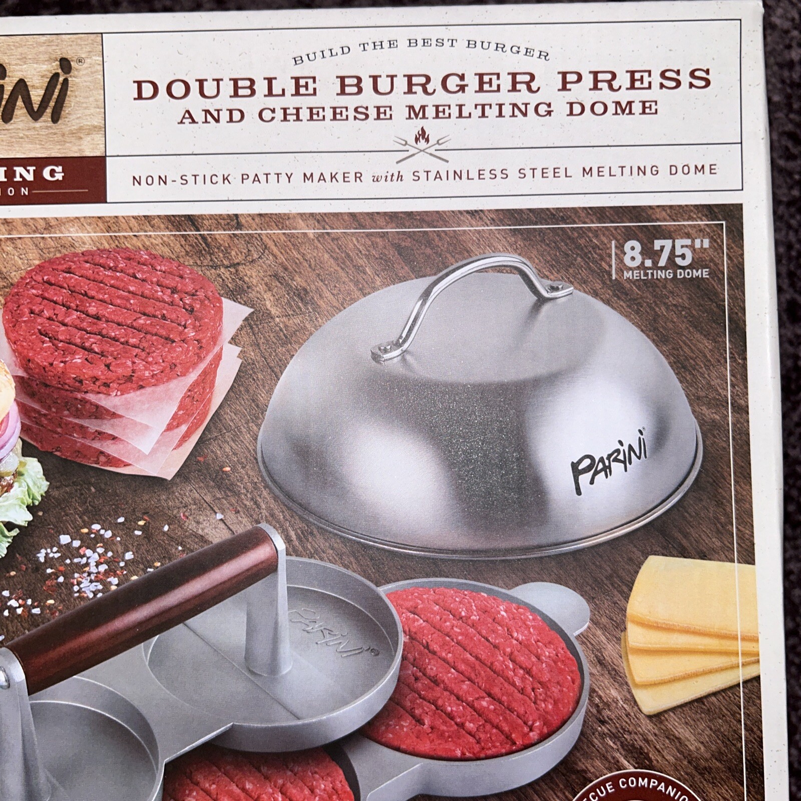 NIB Parini Double Non-Stick Burger Press & Cheese Melting Dome 8.75" gallery