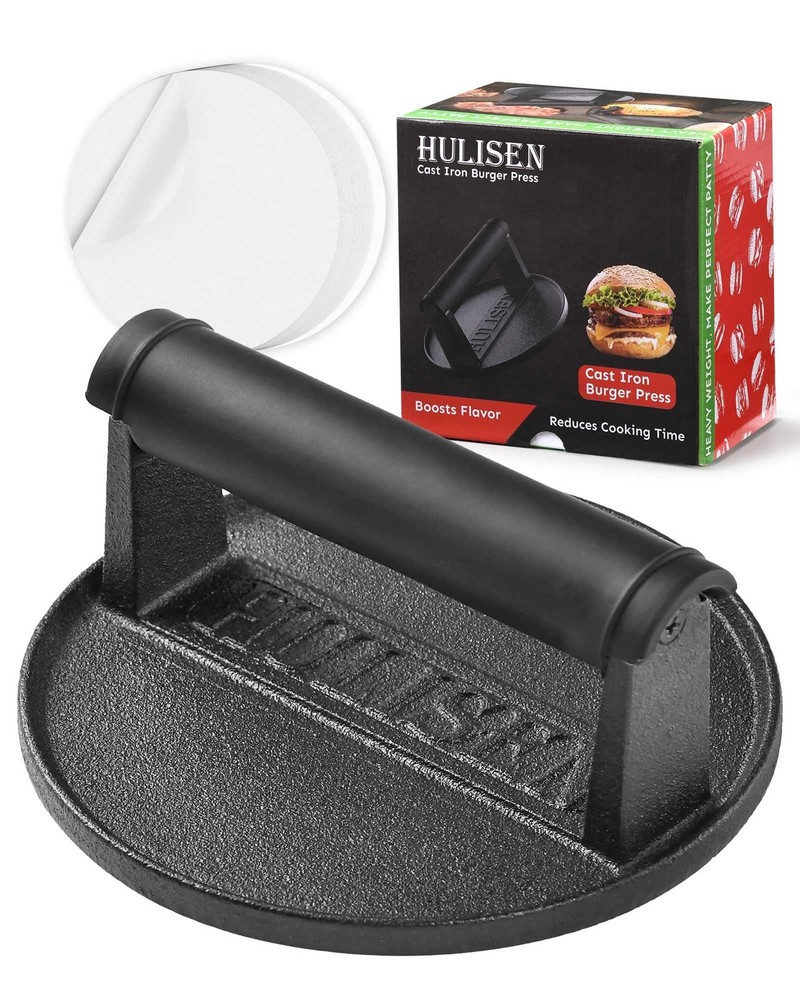 Pre-Seasoned Cast Iron Burger Press Includes 100 Pcs Patty Paper, 2.3lb Heavy...