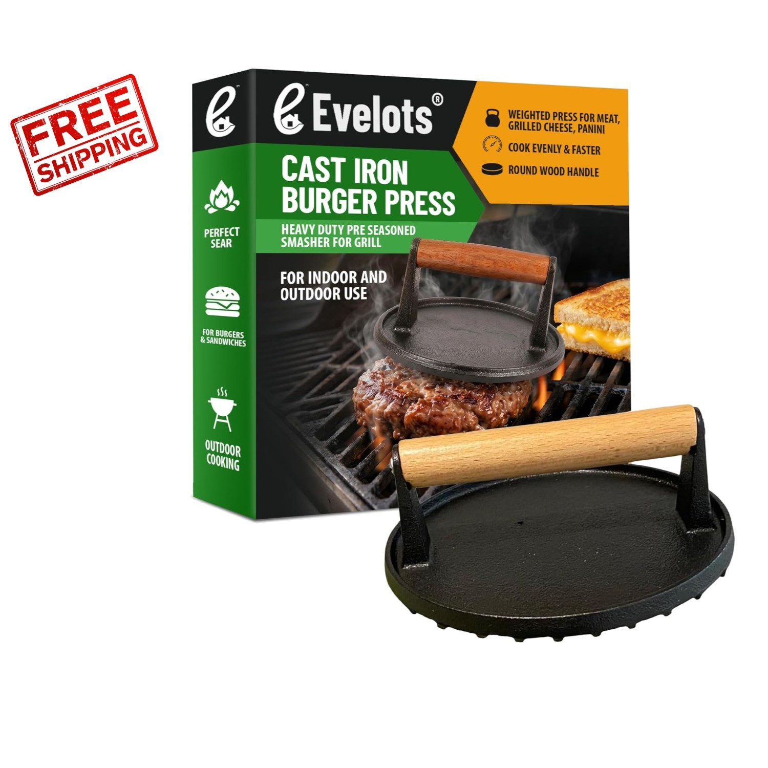 Weighted Cast Iron Burger Press - Cook Food Evenly & Faster for Perfect Grilling gallery