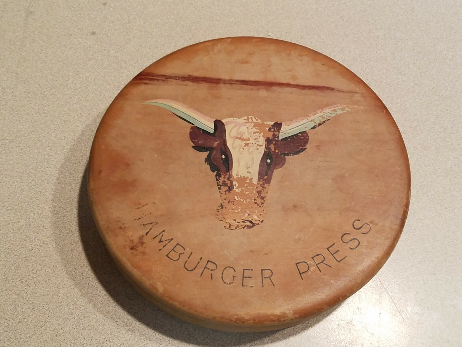 VINTAGE WOOD HAMBURGER PRESS MADE IN JAPAN w/ BULL PAINTED GRAPHIC gallery