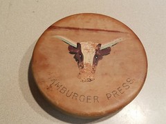 VINTAGE WOOD HAMBURGER PRESS MADE IN JAPAN w/ BULL PAINTED GRAPHIC