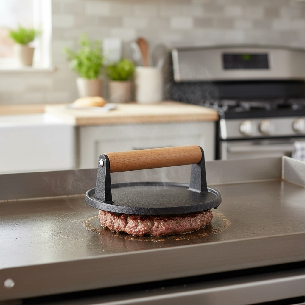 Heavy-Duty Cast Iron Burger Press with Wooden Handle for Griddle Cooking gallery