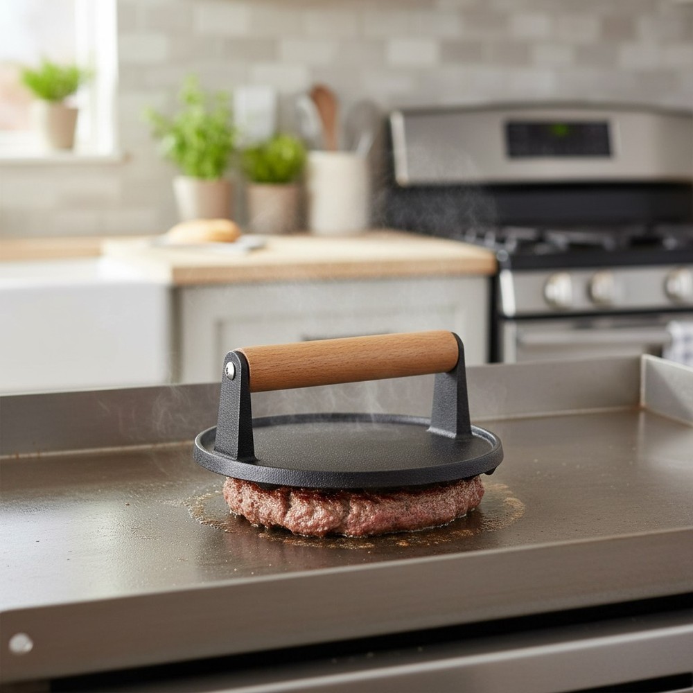 Heavy-Duty Cast Iron Burger Press with Wooden Handle for Griddle Cooking