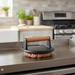 Heavy-Duty Cast Iron Burger Press with Wooden Handle for Griddle Cooking