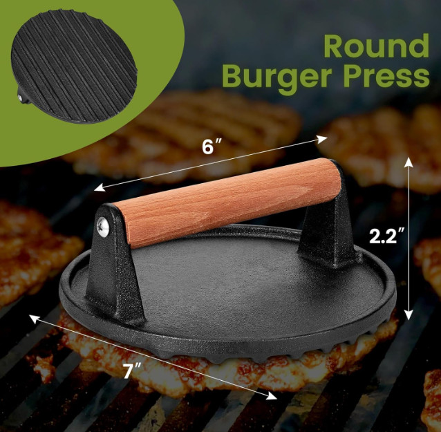 7'' Cast Iron Smashed Burger Press with Wood Handle for Griddle & BBQ gallery